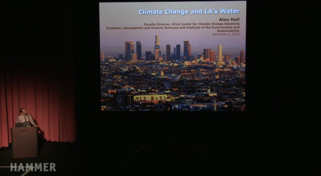 Alex Hall presenting on the role of climate change in the future of water in Los Angeles during "Next Wave: Thriving in a Hotter Los Angeles" at the Hammer Museum.